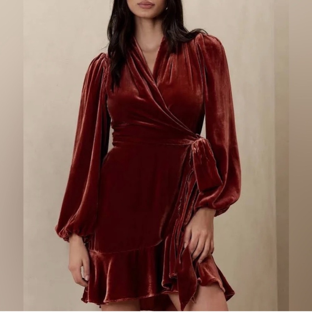 Banana Republic Rust Red Velvet Long Sleeve Wrap Dress